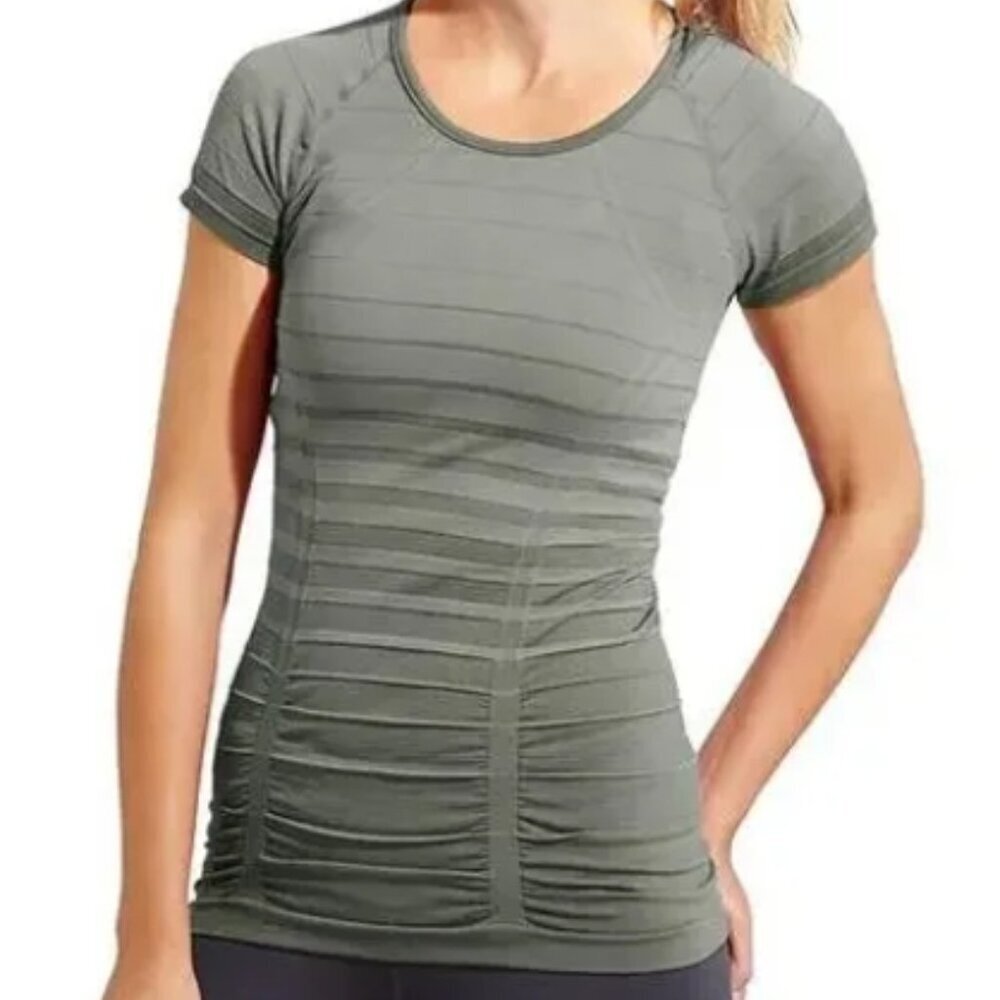 Athleta Fast Track Jasper Green Gradient Stripe Ruched Tee – Size S – NWT